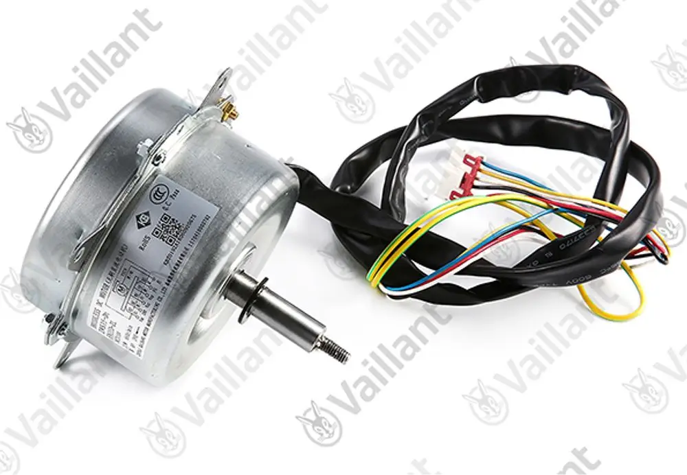 Elektromotor von Vaillant mit metallischem Gehäuse und elektrischen Anschlusskabeln, geeignet für Klimaanlagen oder Heizsysteme.